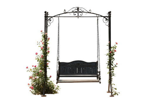 Elegant Black Wrought Iron Garden Swing with Roses.