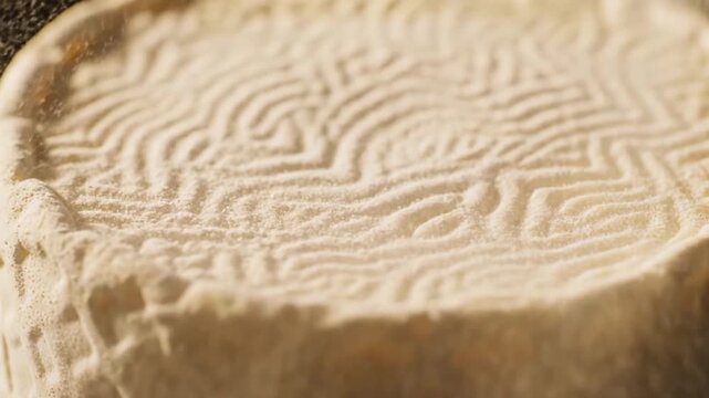 An exquisite round of aged cheese showcasing a unique, handcrafted pattern on its surface, a gourmet delicacy and dairy product