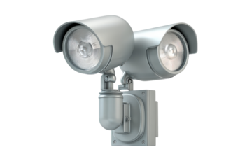 Dual head motion sensor security floodlight isolated on a white background.