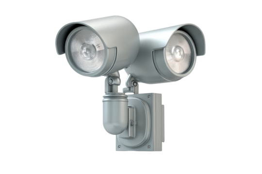 Dual head motion sensor security floodlight isolated on a white background.