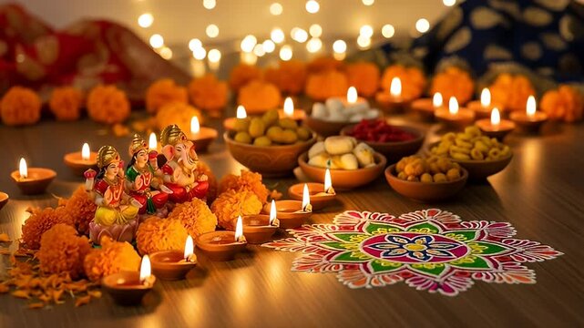 Diwali Decoration with Clay Diyas Marigold Flowers Traditional Sweets and Colorful Rangoli on Wooden Table with String Lights in Background