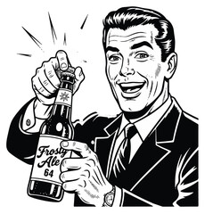 Retro man joyfully opening a bottle of Frosty Ale 64, celebrating with a big smile and a classic look.