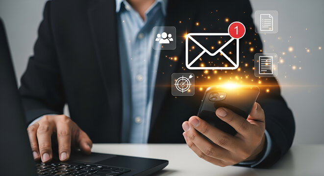 Modern professional using smartphone for digital communication and email notifications - Powered by Adobe