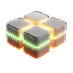 Four translucent glowing cubic shapes arranged in a cross formation with colorful light accents