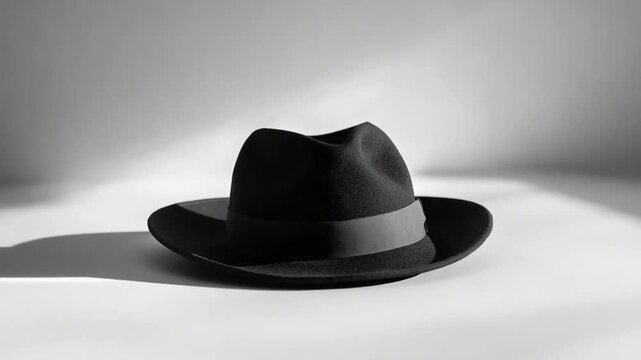 Elegant black fedora hat on a shadowy surface