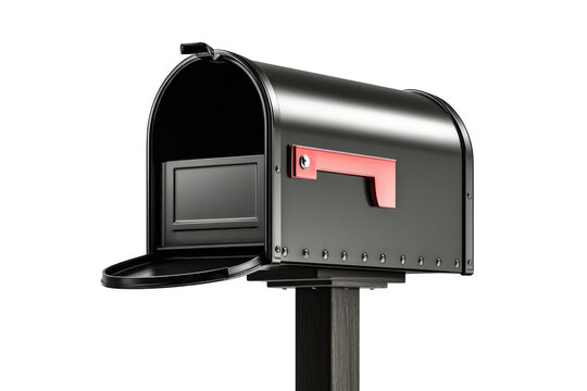 Open black metal mailbox with red flag down isolated on white.