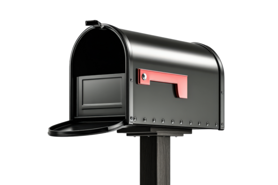 Open black metal mailbox with red flag down isolated on white.