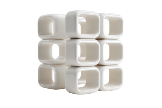 Abstract geometric structure of interconnected white hollow cubes.