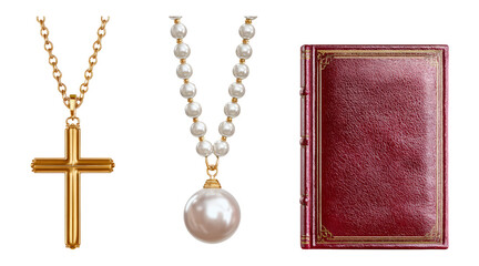 Elegant Gold Cross Necklace and Pearl Necklace with Vintage Leather Book Isolated