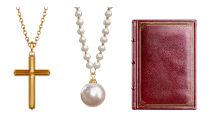Elegant Gold Cross Necklace and Pearl Necklace with Vintage Leather Book Isolated