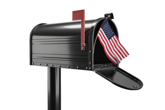 Black American mailbox with an open door and US flag.