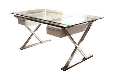 Modern glass top desk with chrome X shaped legs.