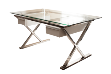Modern glass top desk with chrome X shaped legs.