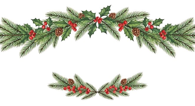Watercolor christmas garland isolated on white background with pine branches, holly, and red berries
