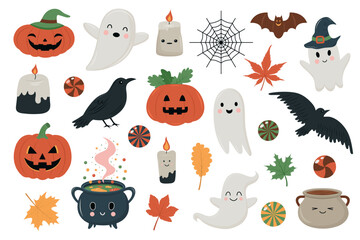 Fototapeta premium Halloween set with spooky and cute elements such as pumpkins, ghosts, sweets, candles, and leaves. Perfect for holiday decorations, greeting cards, and party invitations
