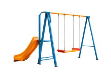 Childrens playground swing and slide set isolated on white background.