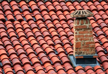 Naklejka premium Intricate terracotta roof tiles, weathered texture; chimney subtly visible , traditional, texture