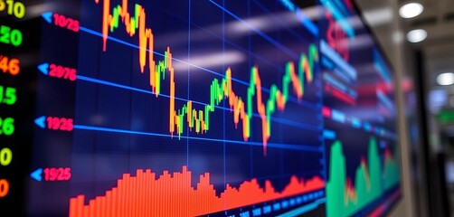Close-up of LED screen displaying dynamic stock market graph, financial market, statistics