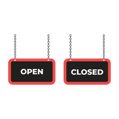 Open and Closed Hanging Sign Icons with Chains and Bold Typography for Shops