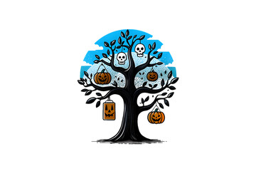 Halloween tree with pumpkins and skulls hanging from branches isolated on transparent background