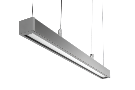 Modern silver linear suspension pendant light fixture.