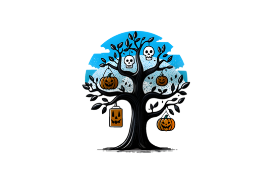 Halloween tree with pumpkins and skulls hanging from branches isolated on transparent background