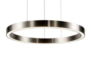 Modern circular LED pendant light with a brushed metal finish.