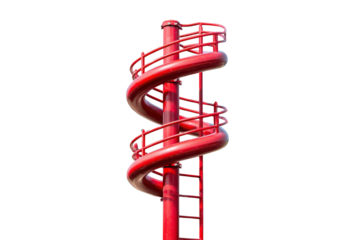 Tall red spiral tube slide with a ladder isolated on a white background.
