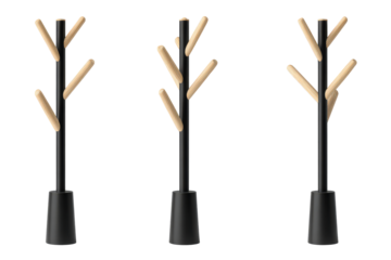 Three modern freestanding coat stands with wooden pegs.