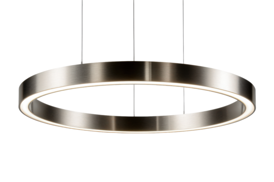 Modern circular LED pendant light with a brushed metal finish.