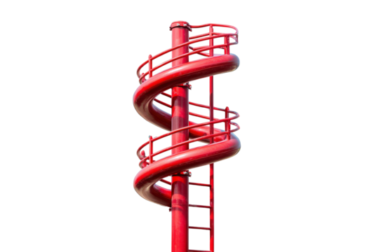 Tall red spiral tube slide with a ladder isolated on a white background.