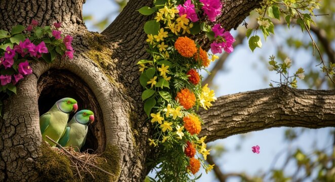 Rose-ringed parakeets nestled in tree cavity adorned with vibrant floral arrangements