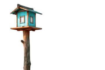 Charming turquoise wooden birdhouse mounted on a rustic tree trunk post.