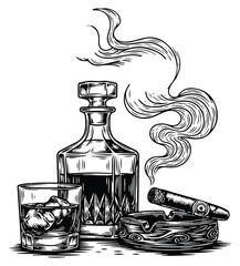 A vintage illustration of a crystal decanter filled with amber liquid, a glass of whiskey with ice, and a lit cigar resting in an ornate ashtray, with wisps of smoke rising.