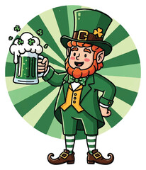 A cheerful cartoon leprechaun in a green suit and top hat, with a red beard, holding a frothy mug of green beer with shamrocks, against a radial green background.