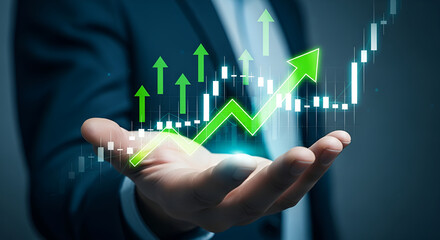 Business growth chart displayed on hand futuristic technology concepts for success