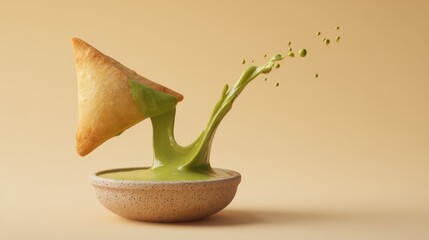 Fototapeta premium Crispy samosa dipped in green chutney with splash
