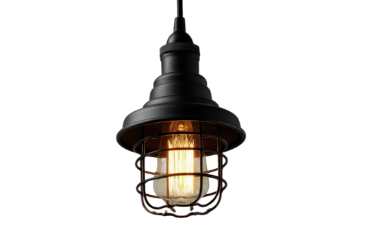 Vintage black industrial pendant lamp with a glowing Edison bulb.