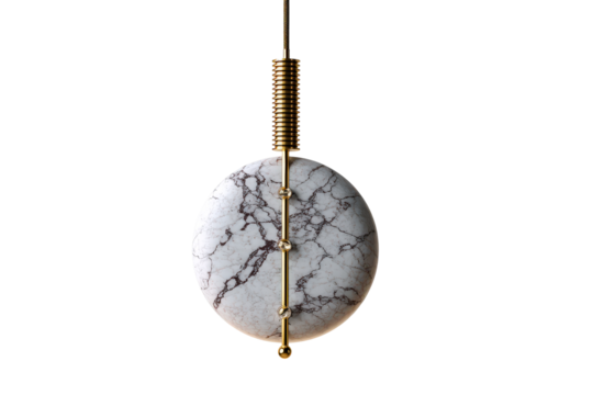Modern minimalist hanging pendulum with a marble disc and brass spring.