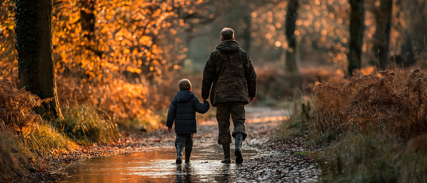 Father and son walking in autumn forest family bonding nature scene