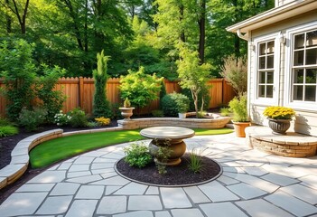 Obraz premium New flagstone patio installed in backyard, lush green landscaping visible, completed, outdoor