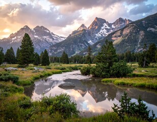 Snow-capped mountains reflected in a calm river surrounded by trees and green meadows