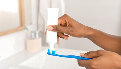 Obraz premium Person applying toothpaste to toothbrush