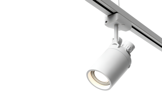 Modern white adjustable track light spotlight fixture on a rail.