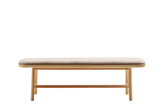 Modern wooden bench with a light fabric upholstered seat.