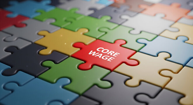 Core Wage Puzzle: A conceptual depiction of core wage, symbolized by a single piece in a colorful jigsaw puzzle, the metaphor signifying its integral role and complexities within a business. 
