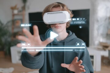 Young man wearing virtual reality headset interacting with futuristic digital video interface using hand gestures inside a modern home environment