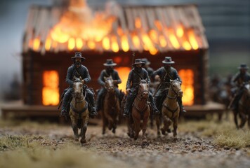 Cavalry Soldiers Fleeing Burning Building at Night
