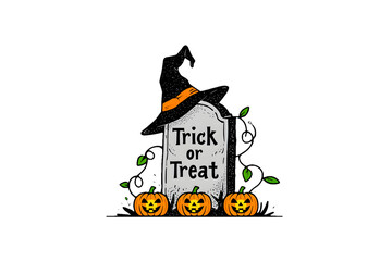Trick or treat halloween vector illustration isolated on transparent background with tombstone and pumpkins