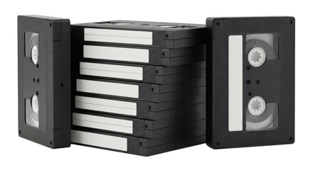 Stack of Vintage VHS Tapes on White Background, Retro Video Cassettes..old school design. Clipping path.